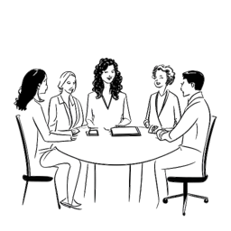 Desenho artístico de uma mulher em um ambiente empresarial, representando Kaia Gerber, envolvida em uma reunião produtiva com colaboradores.