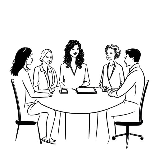 Line art drawing of a woman in a business setting, representing Kaia Gerber, engaged in a productive meeting with collaborators.