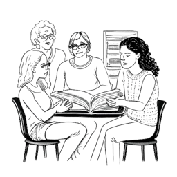 Line art drawing of a woman, embodying Kaia Gerber, immersed in books and deep conversations with older companions.