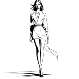 Strichzeichnung eines Models, das Kaia Gerber symbolisiert, selbstbewusst auf dem Laufsteg in glamouröser Kleidung geht.