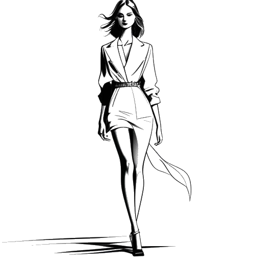 Strichzeichnung eines Models, das Kaia Gerber symbolisiert, selbstbewusst auf dem Laufsteg in glamouröser Kleidung geht.