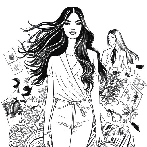 Line art drawing of a woman representing Kaia Gerber, confidently walking down a fashion runway, styled in high-end designer attire. Surrounding her are visual elements representing her acting career, investments in a magazine, and a collaboration with Karl Lagerfeld. This illustration epitomizes her wealth and accomplishments.