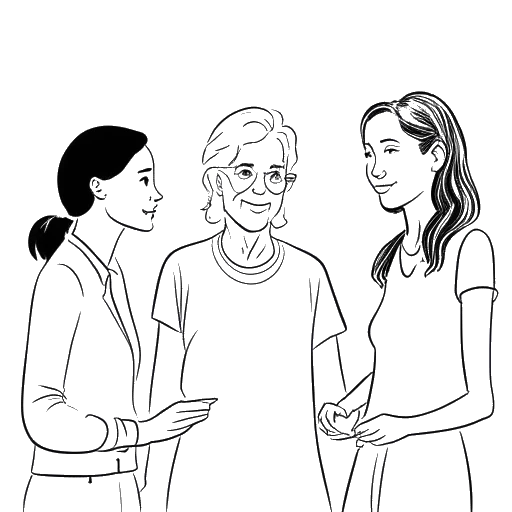 Line art drawing of Kaia with older people