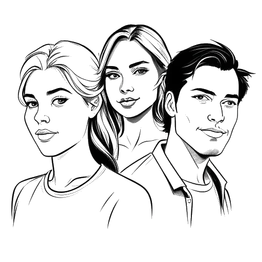 Line art drawing of Kaia with Pete Davidson, Jacob Elordi, and Austin Butler