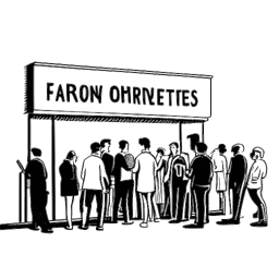 Line art drawing of a man, representing John Summit, standing confidently in front of a neon 'Experts Only' sign, with a crowd gathered at a club entrance.
