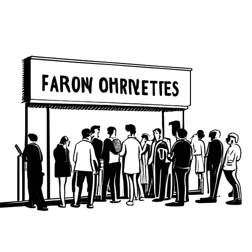 Disegno in stile line art di un uomo, che rappresenta John Summit, che si staglia con sicurezza di fronte a un segnale al neon 'Experts Only', con una folla riunita all'ingresso di un locale.