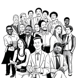 Line art drawing of a man, representing John Summit, surrounded by industry leaders and holding a Forbes 30 Under 30 trophy at a music conference event.