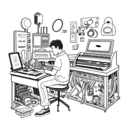 Linienzeichnung eines Mannes, der John Summit repräsentiert, vertieft in die Musikproduktion in einem Studio voller Instrumente und Aufnahmegeräte.