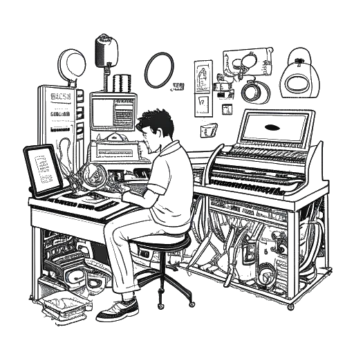 Linienzeichnung eines Mannes, der John Summit repräsentiert, vertieft in die Musikproduktion in einem Studio voller Instrumente und Aufnahmegeräte.