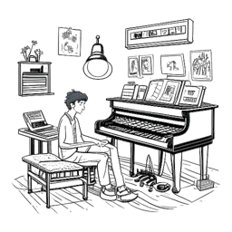 Desenho em arte linear de um homem, representando John Summit, tocando piano e equipamento de DJ simultaneamente em um ambiente cheio de música.