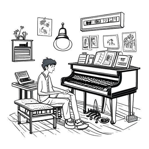 Dibujo de arte lineal de un hombre, que representa a John Summit, tocando el piano y equipo de DJ simultáneamente en una habitación llena de música.