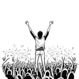 Line art drawing of a man, representing John Summit, energizing a cheering crowd with pulsating lights and speakers on a stage.