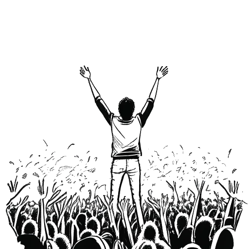 Dibujo de arte lineal de un hombre, representando a John Summit, animando a una multitud con luces pulsantes y altavoces en un escenario.
