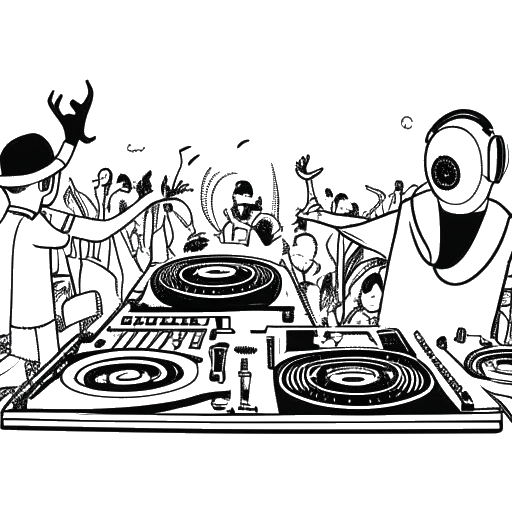 Desenho de arte linear de um homem, representando John Summit, atuando como DJ ativamente com uma multidão ao fundo, notas musicais ao vento significam uma carreira musical próspera em um pano de fundo branco.