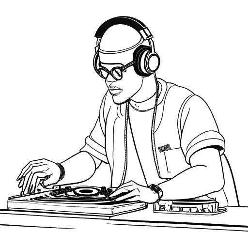 Line art drawing of John Summit DJing at a bar, holding a drink and wearing a headset