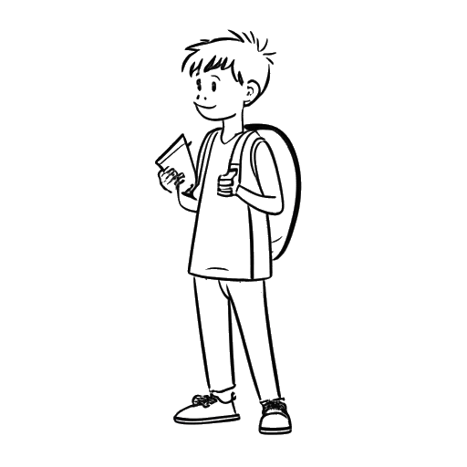 Line art drawing of a young John Summit at a music festival, holding a ticket and wearing a backpack