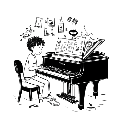Lijnkunsttekening van een jonge John Summit die piano speelt, met verschillende andere muziekinstrumenten om hem heen