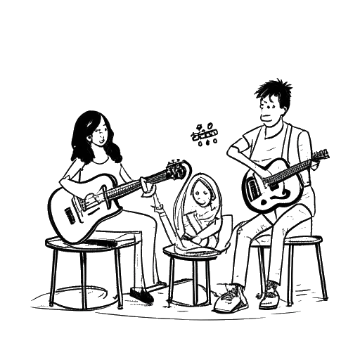 Line art drawing representing the Schuster family engaged in a musical performance, with Walter on drums and Brooke singing
