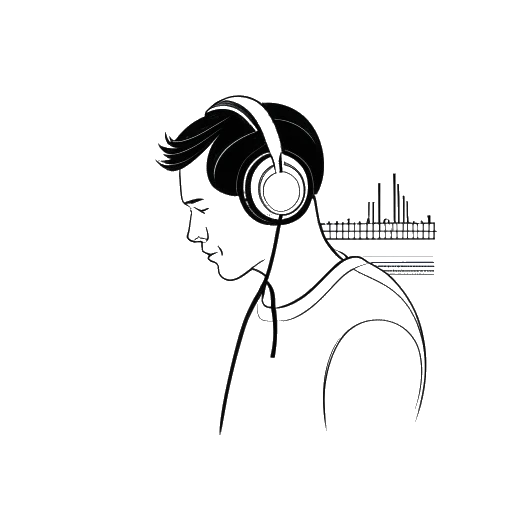 Lijnkunsttekening van John Summit die naar muziek luistert met koptelefoon op, met een grafiek die zijn streamingsstatistieken laat zien