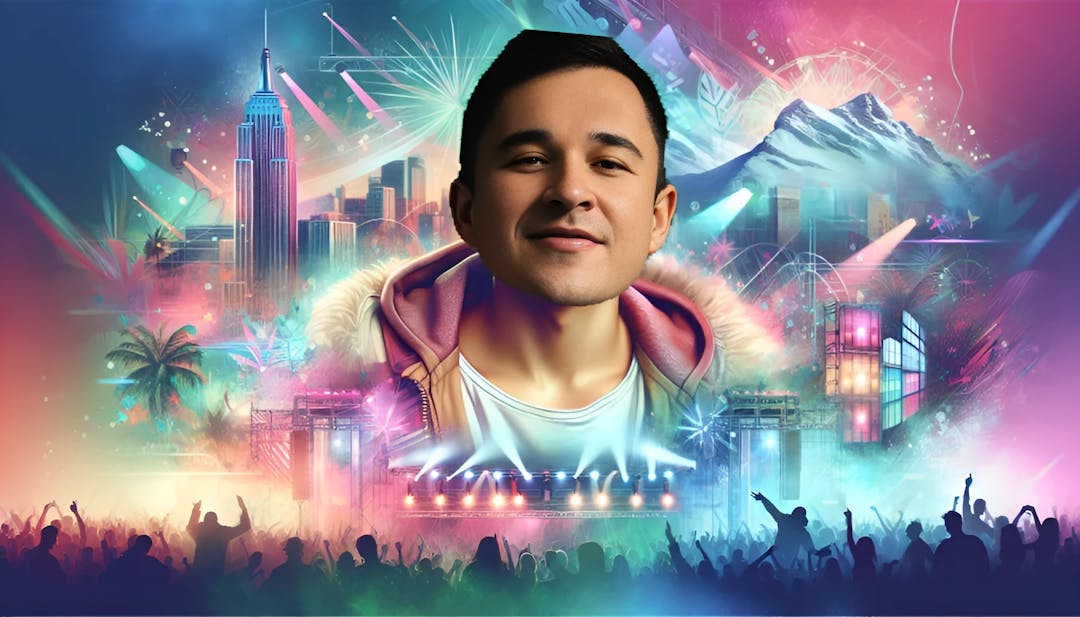John Summit, casually dressed in DJ attire, surrounded by a lively music festival ambiance with Chicago skyline and skiing motifs, radiating passion and energy.