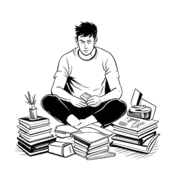 Dibujo de arte lineal de un hombre que representa a Brandon Lee con equipo de artes marciales y libros académicos, mostrando el equilibrio entre las expectativas y el crecimiento personal.