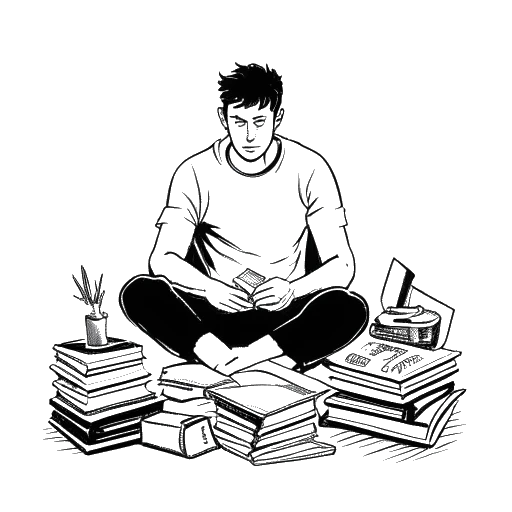 Line art tekening van een man die Brandon Lee vertegenwoordigt met martial arts uitrusting en academische boeken, waarbij de balans tussen verwachtingen en persoonlijke groei tot uitdrukking komt.