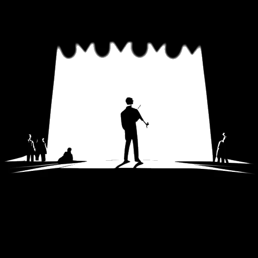 Desenho em arte linear de um homem simbolizando Brandon Lee, interpretando diferentes papéis sob um holofote, enquanto uma sombra insinua o trágico fim, capturando a essência de sua ascensão e fim prematuro.