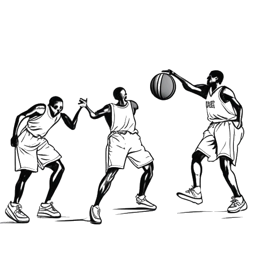 Line art drawing of four men representing Brandon Lee, George Clooney, Miguel Ferrer, and Chad Stahelski playing basketball, on a white backdrop.