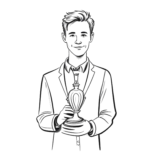 Line art drawing of a young man representing Brandon Lee holding an award, on a white backdrop.