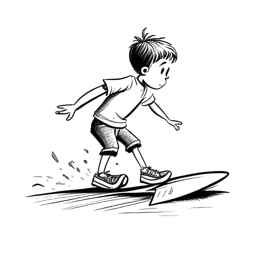 Line art drawing of a young boy representing Brandon Lee breaking a board with a kick, on a white backdrop.