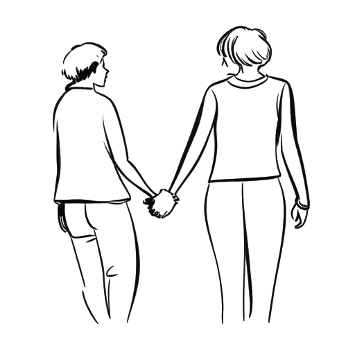 Line art drawing of a man and a woman representing Brandon Lee and Eliza Hutton holding hands, on a white backdrop.