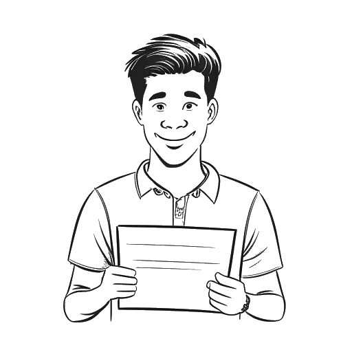 Line art drawing of a young man representing Brandon Lee holding a GED certificate, on a white backdrop.