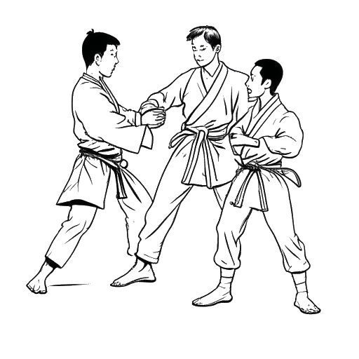 Line art drawing of a young boy representing Brandon Lee practicing martial arts with two men representing Dan Inosanto and Richard Bustillo, on a white backdrop.