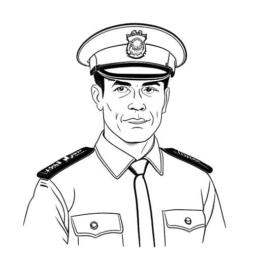 Line art drawing of a man representing Brandon Lee wearing a police uniform, on a white backdrop.
