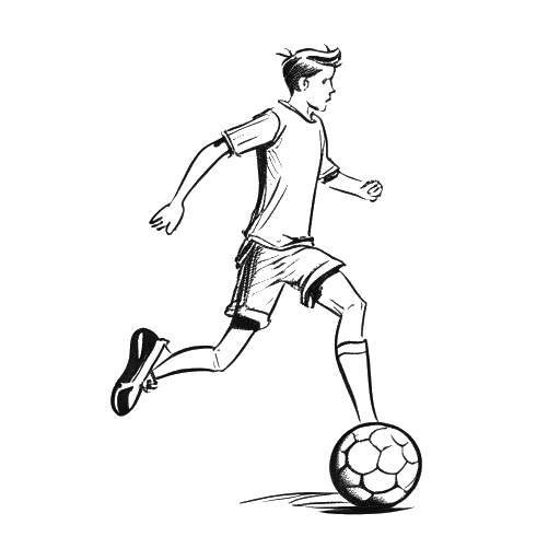 Line art drawing of a teenager representing Brandon Lee playing soccer, on a white backdrop.