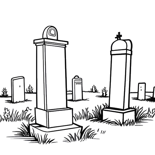 Line art drawing of two tombs with headstones representing Bruce Lee and Brandon Lee, at Lake View Cemetery in Seattle, on a white backdrop.