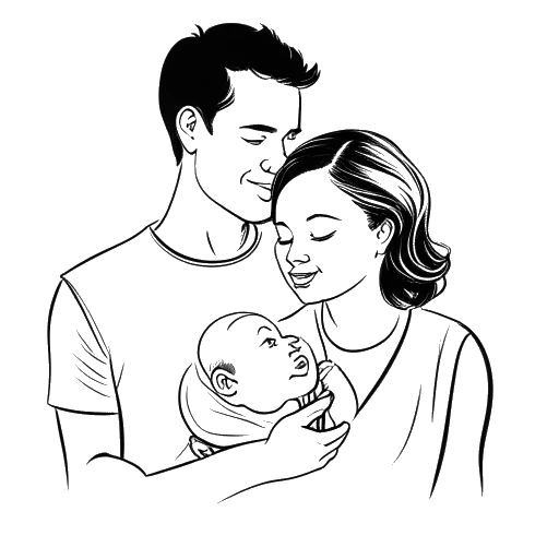 Line art drawing of a man and a woman representing Bruce Lee and Linda Lee Cadwell, holding a baby representing Brandon Lee, against a white backdrop.