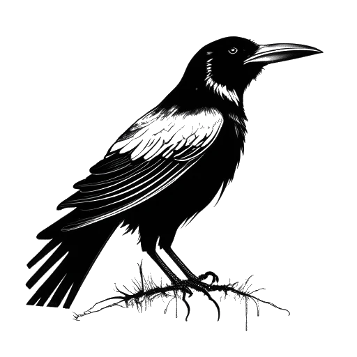 Line art drawing of a movie poster representing 'The Crow', featuring a crow, on a white backdrop.