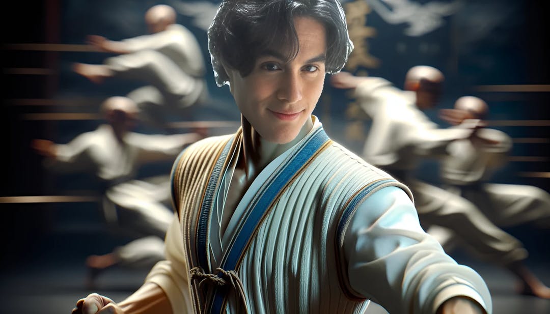 Brandon Lee, a bald male figure with light skin, exudes a martial artist's aura in a captivating image. The background features martial arts elements, and he is dressed in a stylish outfit, with vibrant colors and high-resolution details.