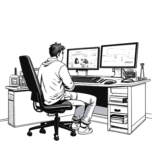 Strichzeichnung eines Mannes, der Amar Al-Naimi verkörpert, in lässiger Gamer-Kleidung, sitzend an einem Multi-Bildschirm-Gaming-Setup, mit einer Streetwear-Kollektion und der Silhouette eines Luxusautos im Hintergrund, alles gegen einen weißen Hintergrund.
