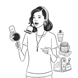Line art drawing of a woman, representing Sssniperwolf, managing multiple roles. On one side she is doing voice-over work and on the other she is displaying merchandise items, all against a white backdrop.