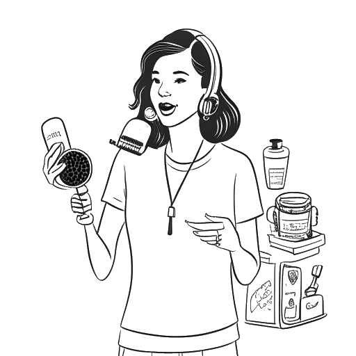 Line art drawing of a woman, representing Sssniperwolf, managing multiple roles. On one side she is doing voice-over work and on the other she is displaying merchandise items, all against a white backdrop.
