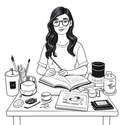 Dibujo de arte lineal de una mujer, representando a Sssniperwolf, sosteniendo una muñeca y una taza de café junto a un escritorio que muestra gafas y artículos de mercancía Wolfpack, indicando sus diversos intereses, en un fondo blanco.
