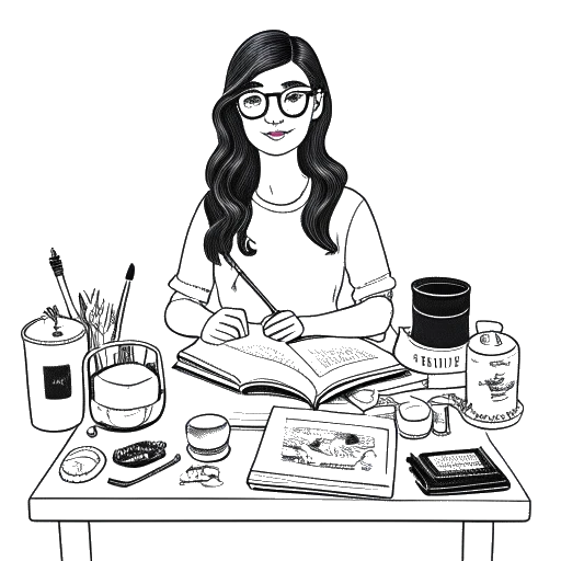 Lijntekening van een vrouw die Sssniperwolf vertegenwoordigt, met een pop en een koffiemok naast een bureau waar eyewear en Wolfpack merchandise-items worden getoond, wat wijst op haar diverse interesses, tegen een witte achtergrond.