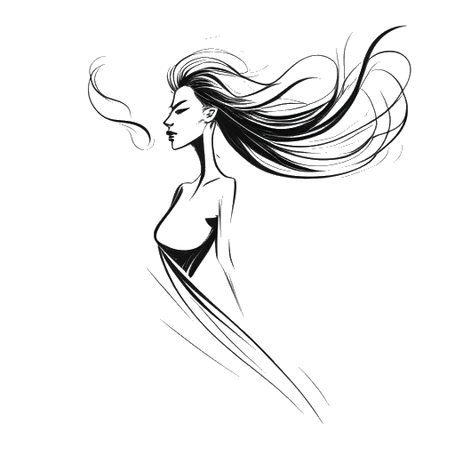 Lijntekening van een vrouw die Sssniperwolf vertegenwoordigt, trots en sterk staand tegen wervelende winden, symbool voor veerkracht, allemaal tegen een witte achtergrond.