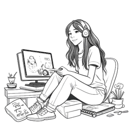Line art drawing of a woman, representing Sssniperwolf, at her gaming setup actively playing a game. YouTube icons are floating in the background, all against a white backdrop.