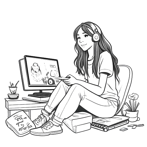 Line art drawing of a woman, representing Sssniperwolf, at her gaming setup actively playing a game. YouTube icons are floating in the background, all against a white backdrop.