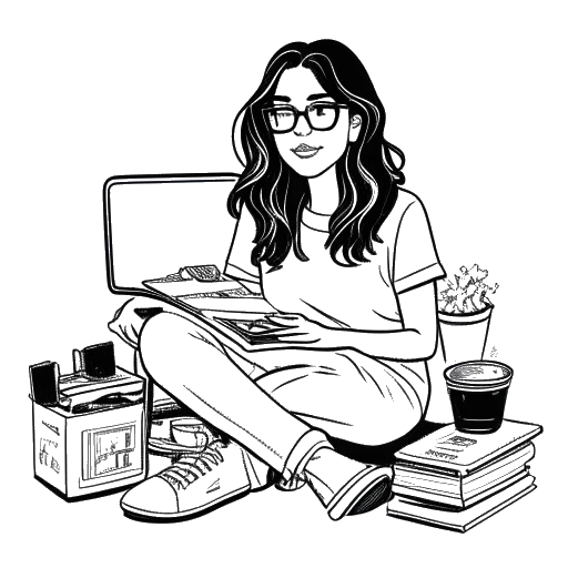 Line art drawing of a woman, representing Sssniperwolf, with stylish hair, seated next to a gaming console, clapperboard, and designer glasses with a background featuring assorted merchandise.