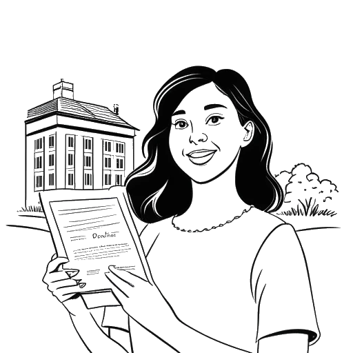 Dibujo de arte lineal de una mujer sosteniendo un diploma de escuela secundaria, con un campus universitario en el fondo, representando el recorrido académico de Sssniperwolf.