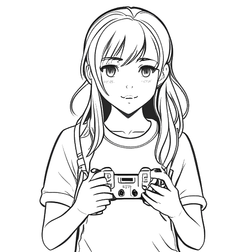 Line art drawing of a girl holding a video game controller and a manga book, representing Sssniperwolf during her school years.